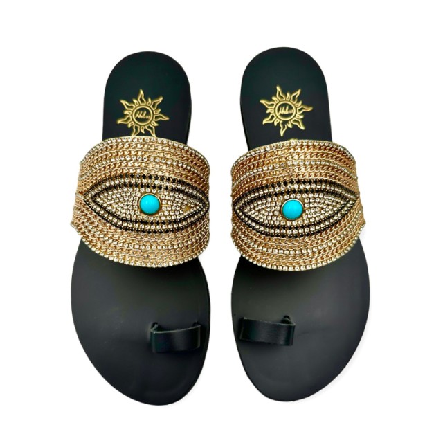IRIS Evil Eye Black / Gold - Handmade Eco Leather Sandals with Eye | 2193