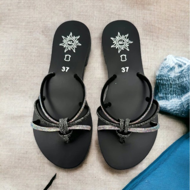 TAHITI Black / Crystal Ab / Jet - Handmade Eco Leather Sandals | 21308