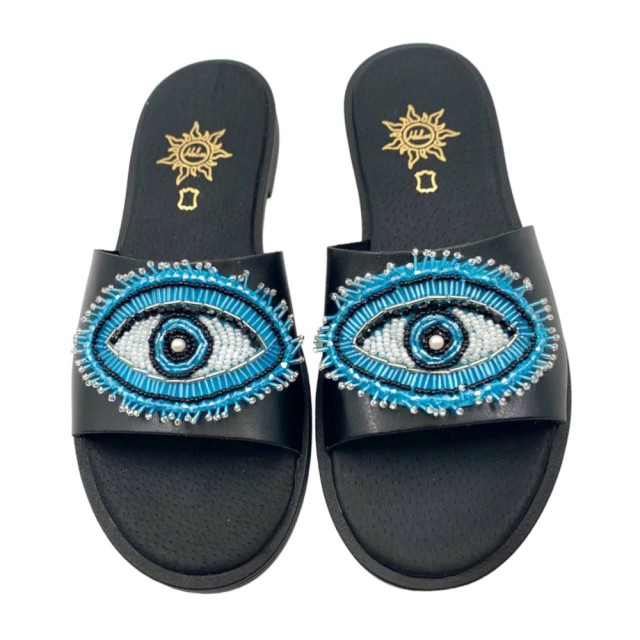 ADELAIDE Evil Eye Black - Handmade Eco Leather Eye Sandals | 1826